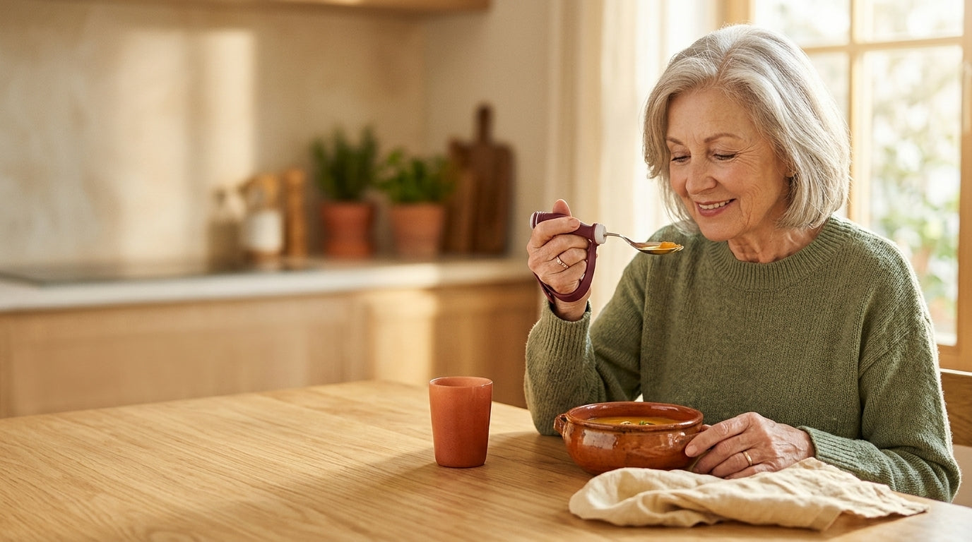 Smiling senior woman enjoying soup with a weighted adaptive spoon at a sunlit kitchen table