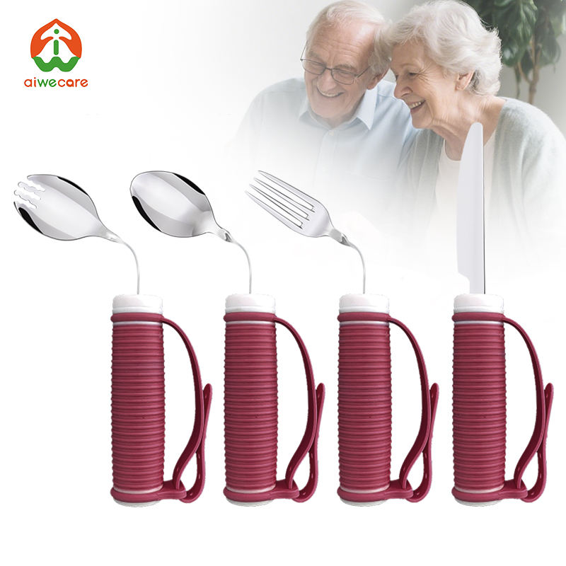 Hale & Kin Steady Adaptive Utensils — weighted bendable 4-piece set with red ergonomic handles